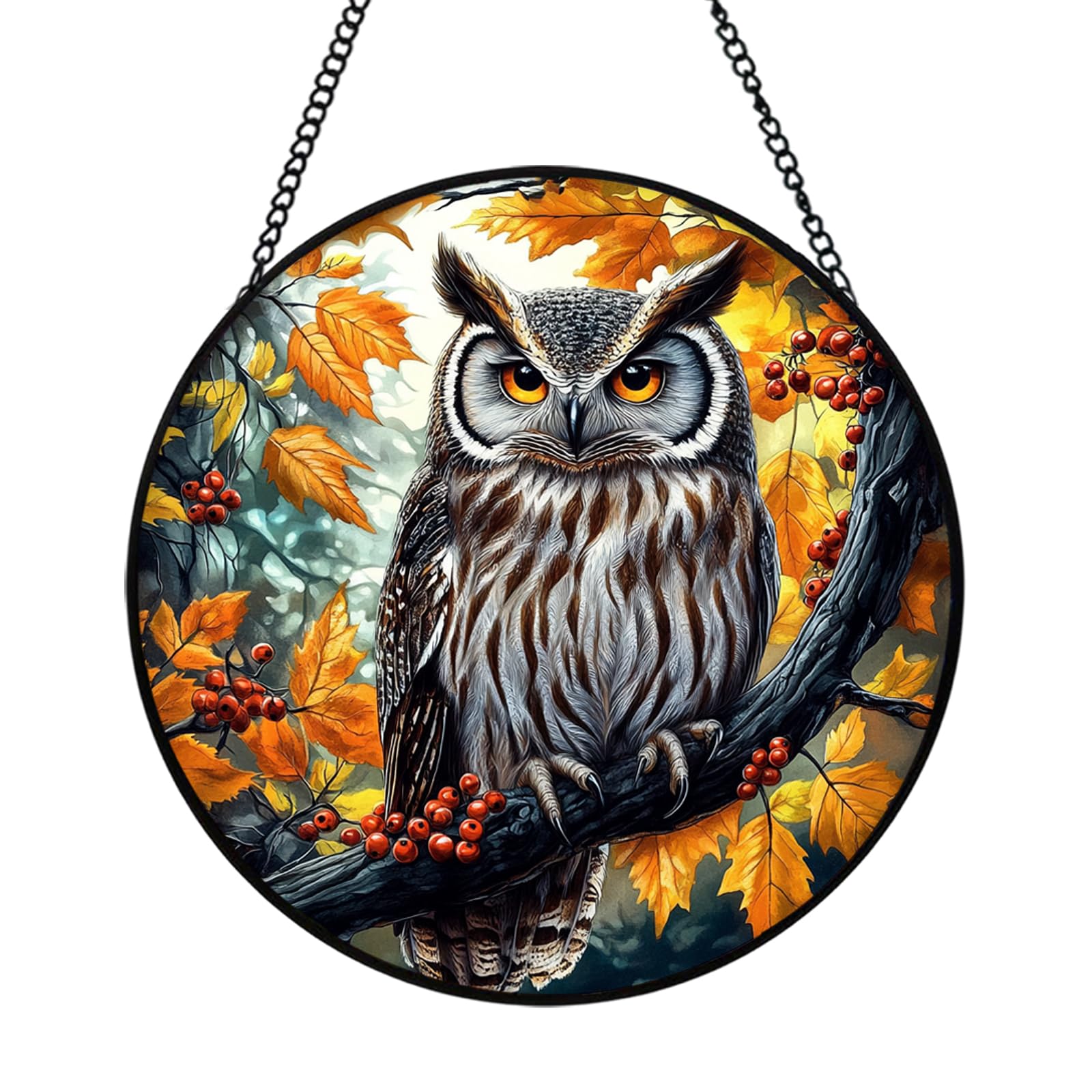 Xuoxeji Owl Stained Glass Window Hanging, 20cm/7.8in Owl Stained Glass Birds, Owl Gifts for Bird Lovers, 20cm/7.87in