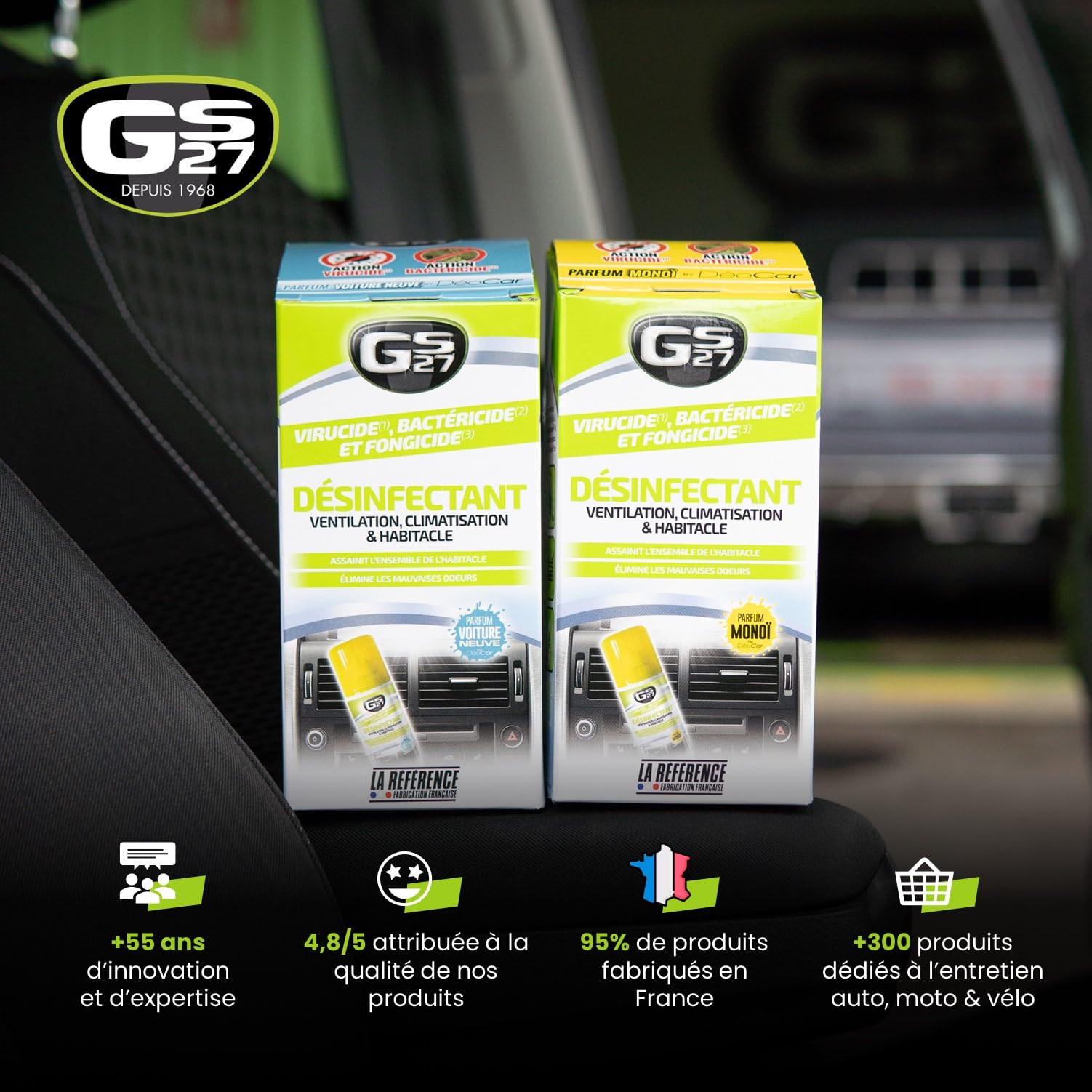 GS27 - Désinfectant Climatisation Voiture - Assainit la Ventilation et l'Habitacle - Parfum Monoï, Dark Sensation
