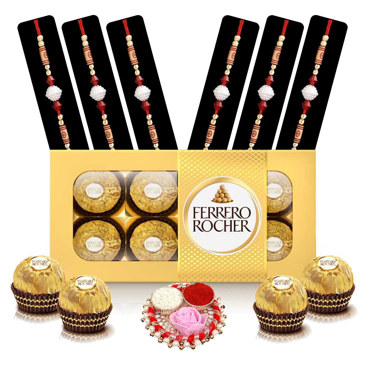Saugat Traders Bhai Dooj Tika Set - Pack of 6 Designer Thread with Chocolate and Roli Chawal Chopra - Bhai Dooj Gift Combo for Brother