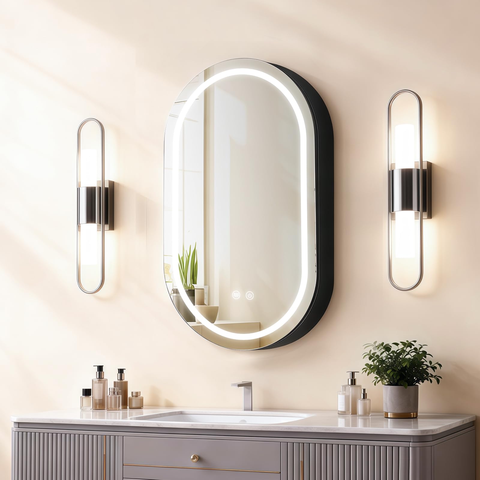 Janboe Oval Mirror Cabinet with Light,LED Mirror Cabinet,USB Shaver Socket,Internal Light,Steel with Powder Coating,Soft Closing Hinge,41×71cm