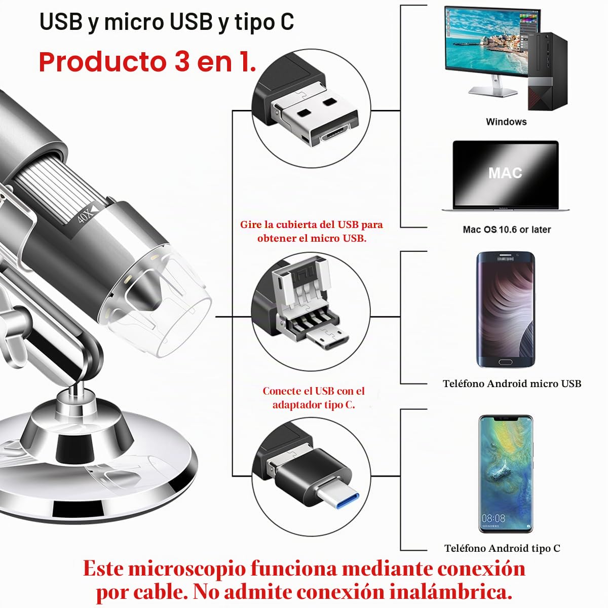Cámara de microscopio USB de 40X a 1000X, microscopio Digital con Estuche de Transporte, Compatible con Android Windows 7 8 10 Linux Mac, microscopio portátil para niños, Estudiantes y Adultos (Gris)
