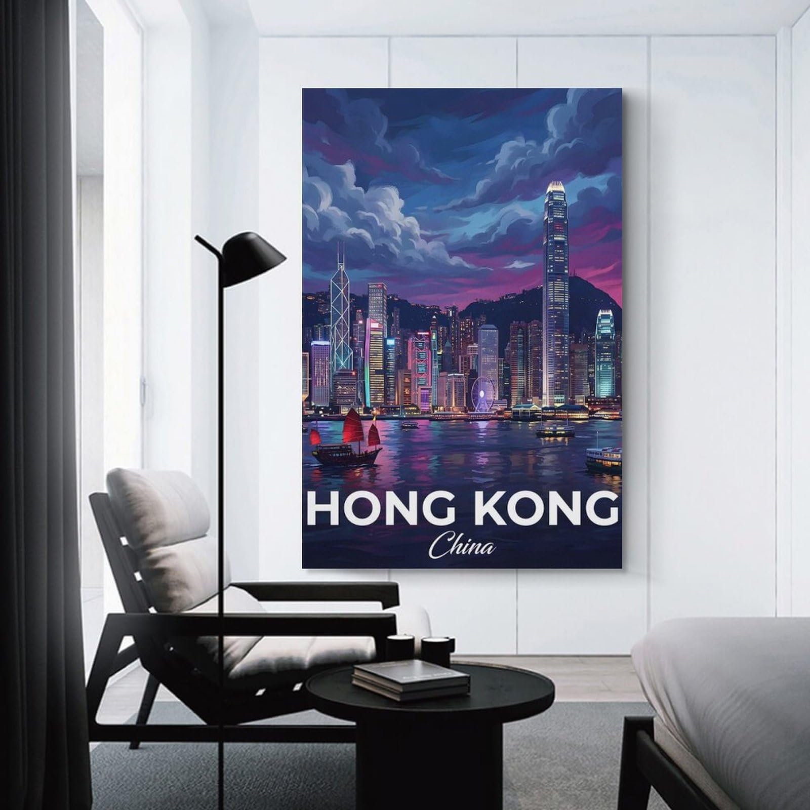 Junmoney Wall Picture Print Hong Kong Skyline at Dusk, 12x18inch(30x45cm), for Entrance Walls, Hall Decor Or Foyers, A Neat Decor Update for Hallways