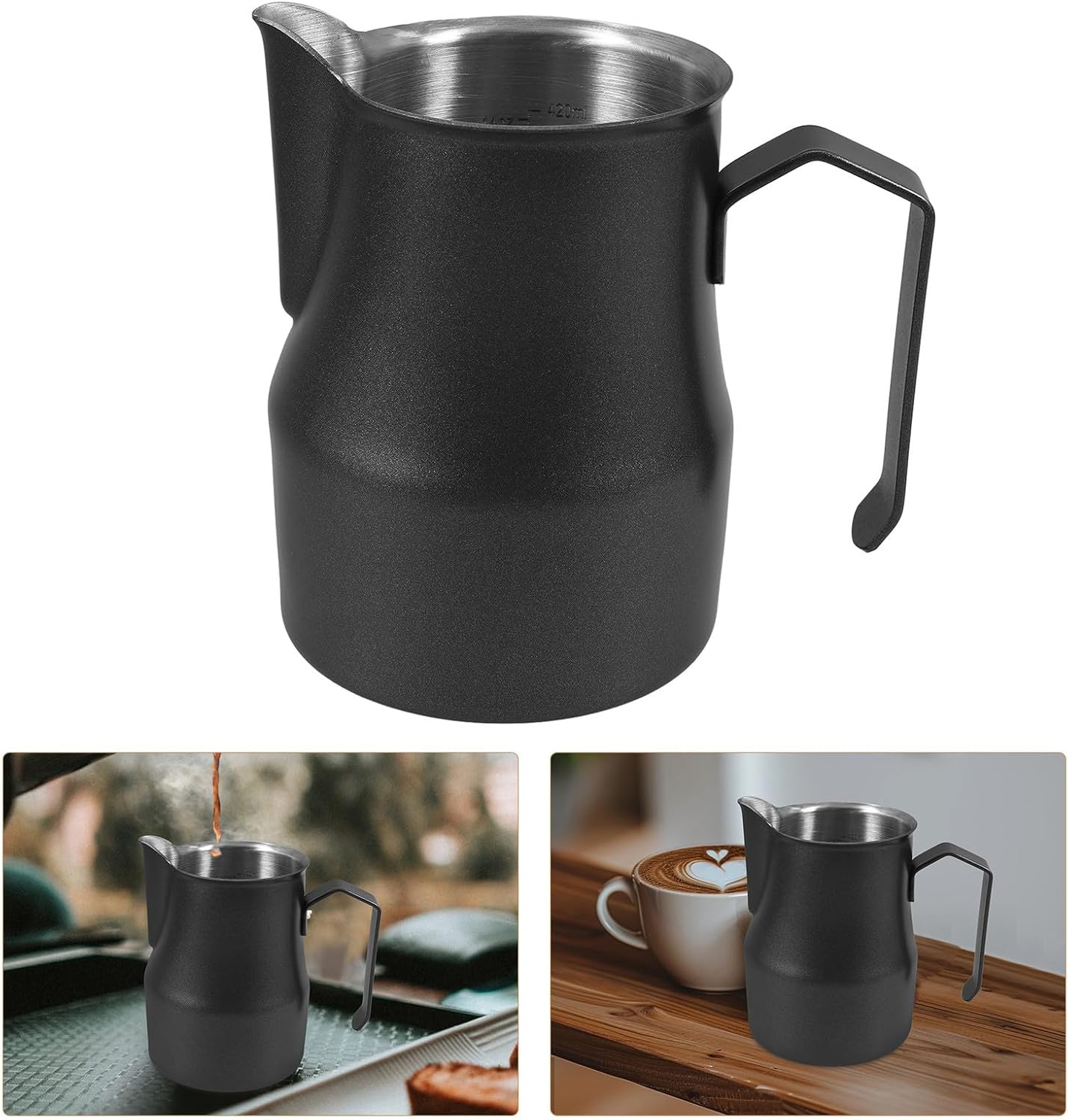 Milk Frothing Pitcher 480ml 304 Stainless Steel Espresso Steaming Pitcher with Spout Black Coffee Frother Cup for Latte Art and Espresso Machine Accessories