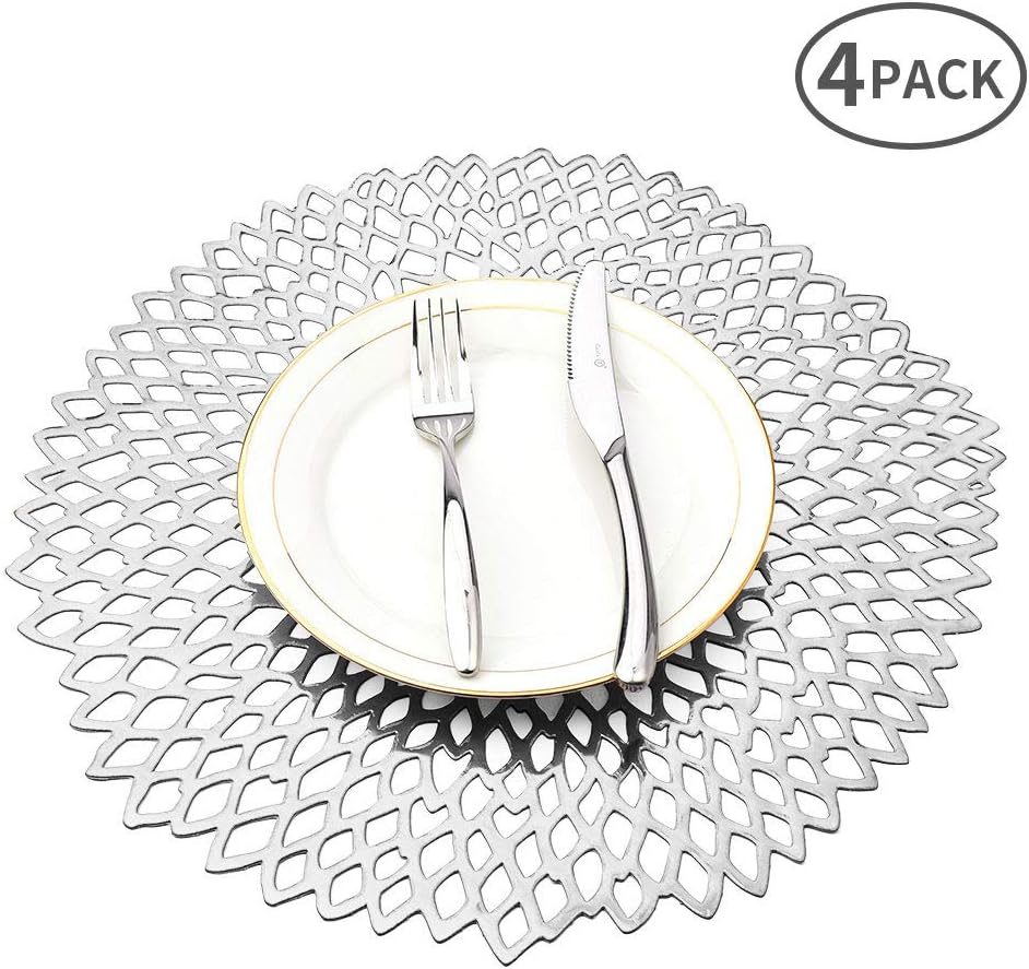 MLADEN Hollowed-Out Round Placemats, Wedding Dining Table Mats Kitchen Decor Set of 4 (Silver)