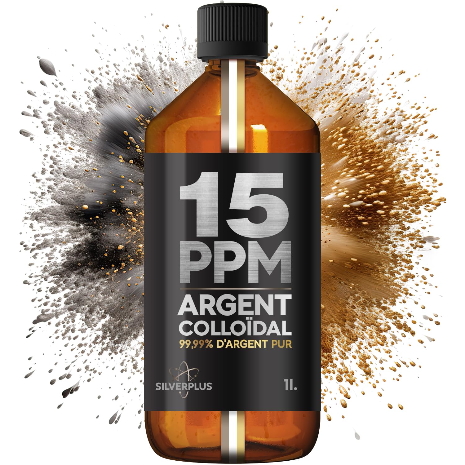 Argent Colloïdal 15ppm ● 1000 ml ● Fabriqué en France ● Argent pur à 99,99% ● Ions d'argent actifs ● Pour toute la famille ● Laboratoire certifié GMP ● Solution 100% Naturelle ● SILVERPLUS