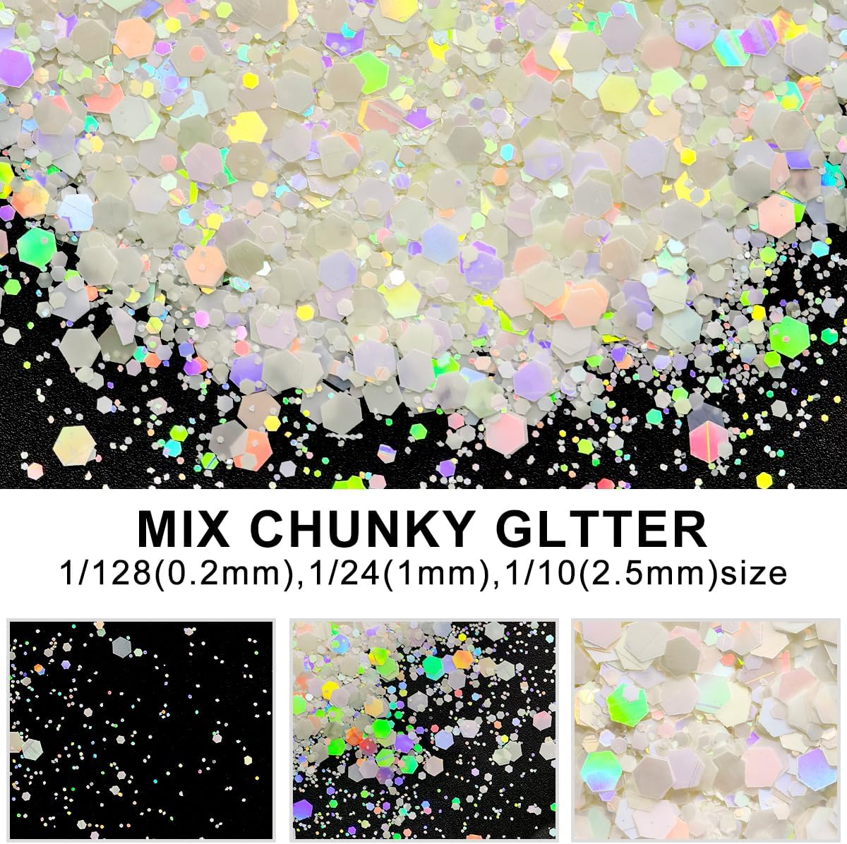 White Holographic Craft Glitter - 2oz Glitter Shaker Bright Colorful Holographic Mix Chunky Body Glitter Bulk Wholesale 24 Colors in Shaker Cosmetic Glitter - EBKLD10