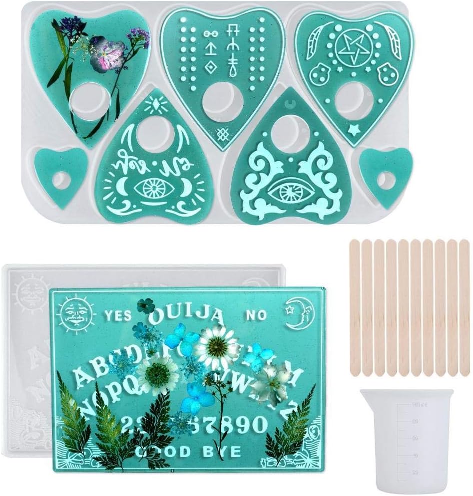 13 Pcs Resin Ouija Board Mold, Full Size Ouija Silicone Mold and Planchette Resin Molds with Measuring Cup and Stirring Sticks, Gothic Epoxy Resin Molds for Ouija Board Game, Pendant, Resin Crafts