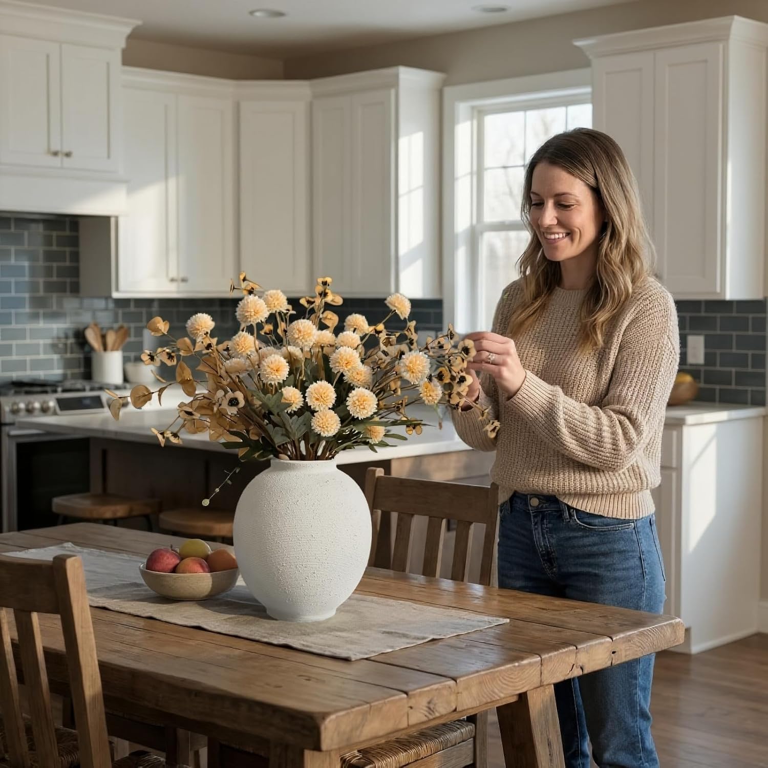 White & Round Ceramic Vase Home Decor, Large Farmhouse Table Vases Rustic Living Room Entrway Kitchen Bedroom Decorations， Minimalist Hand-Made Textured Vase (9.8”H Sandstone White)