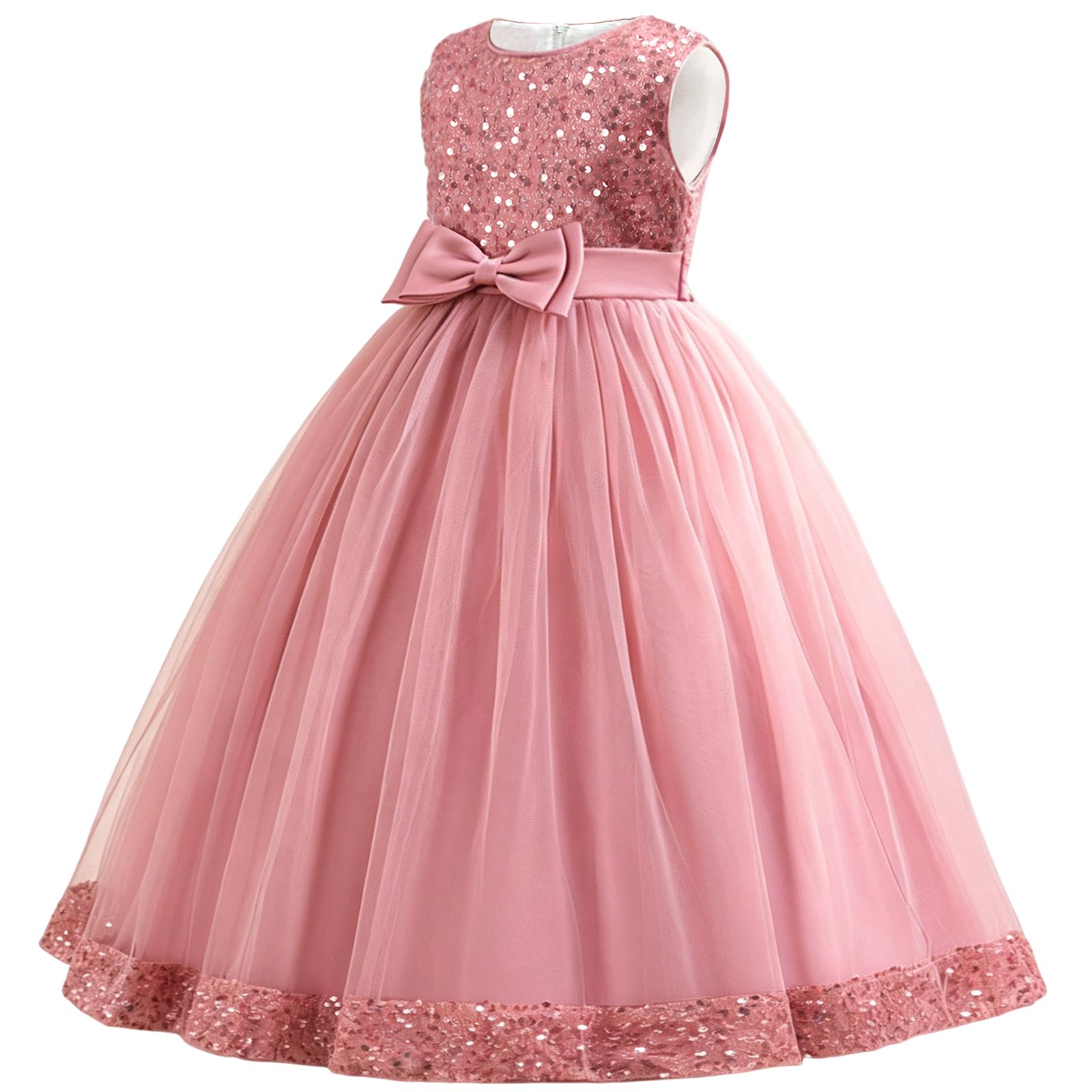 Discoball Abito da bambina senza maniche con fiocco con paillettes, lunghezza fino al pavimento, abito da principessa per matrimoni, feste, tutù, vestito lungo per bambini 8-11 anni