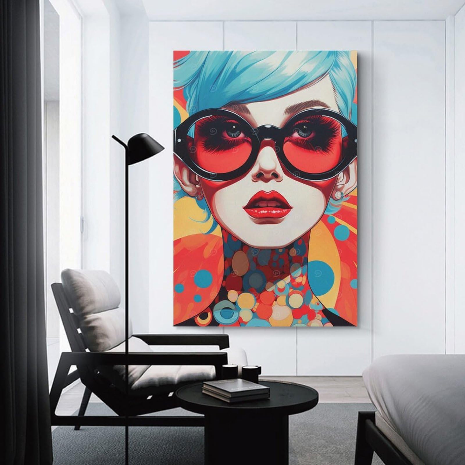 Junmoney Retro Woman Portrait with Sunglasses Hanging Wall Art 24x36inch(60x90cm), for Study, Office Or Focused Interiors, Wall Art That Adds Style to Work Areas