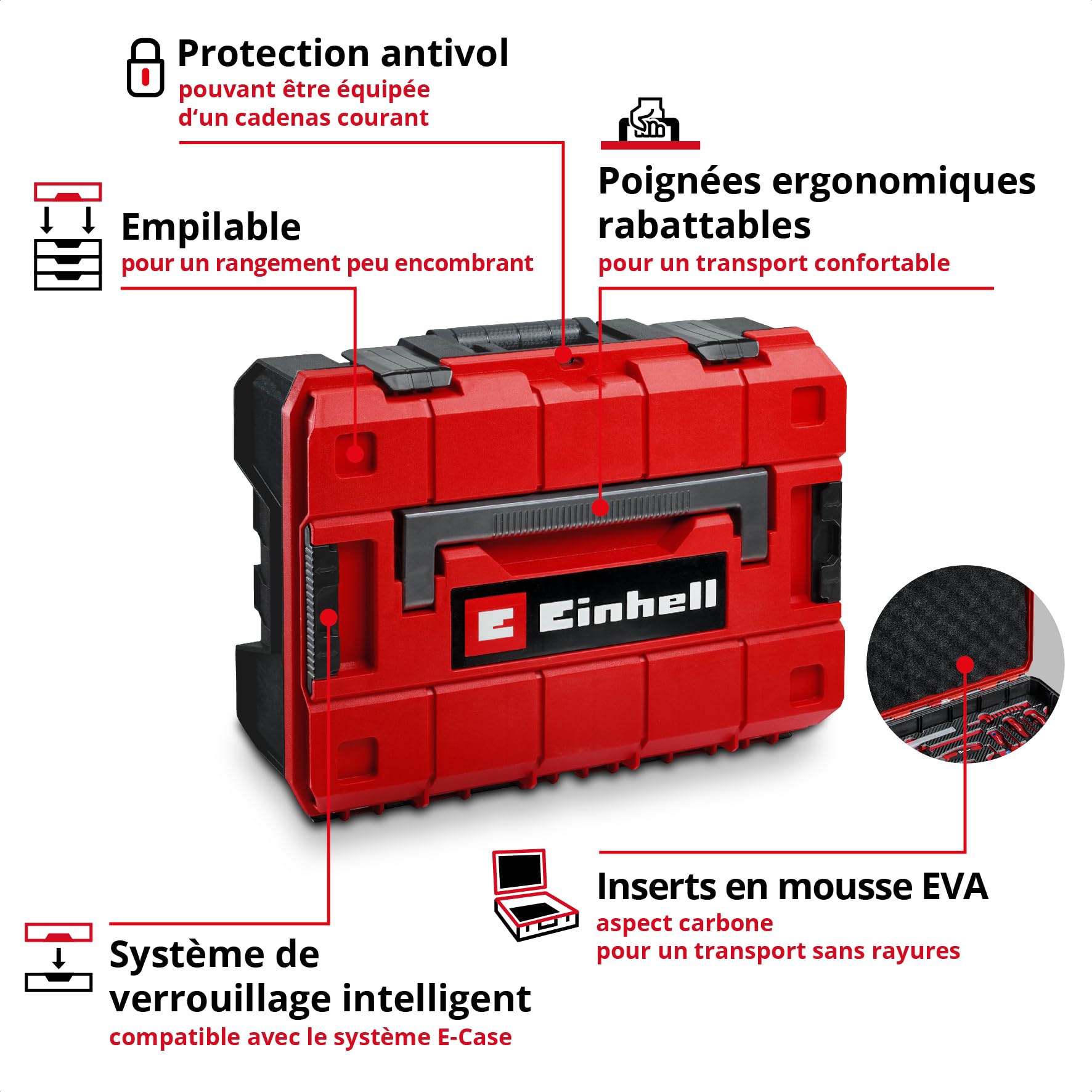 Original Einhell E-CASE 80 pcs. valise d'outils (set d'outils dans valise en plastique robuste et empilable comme équipement de base idéal pour le ménage, l'atelier ou en déplacement)