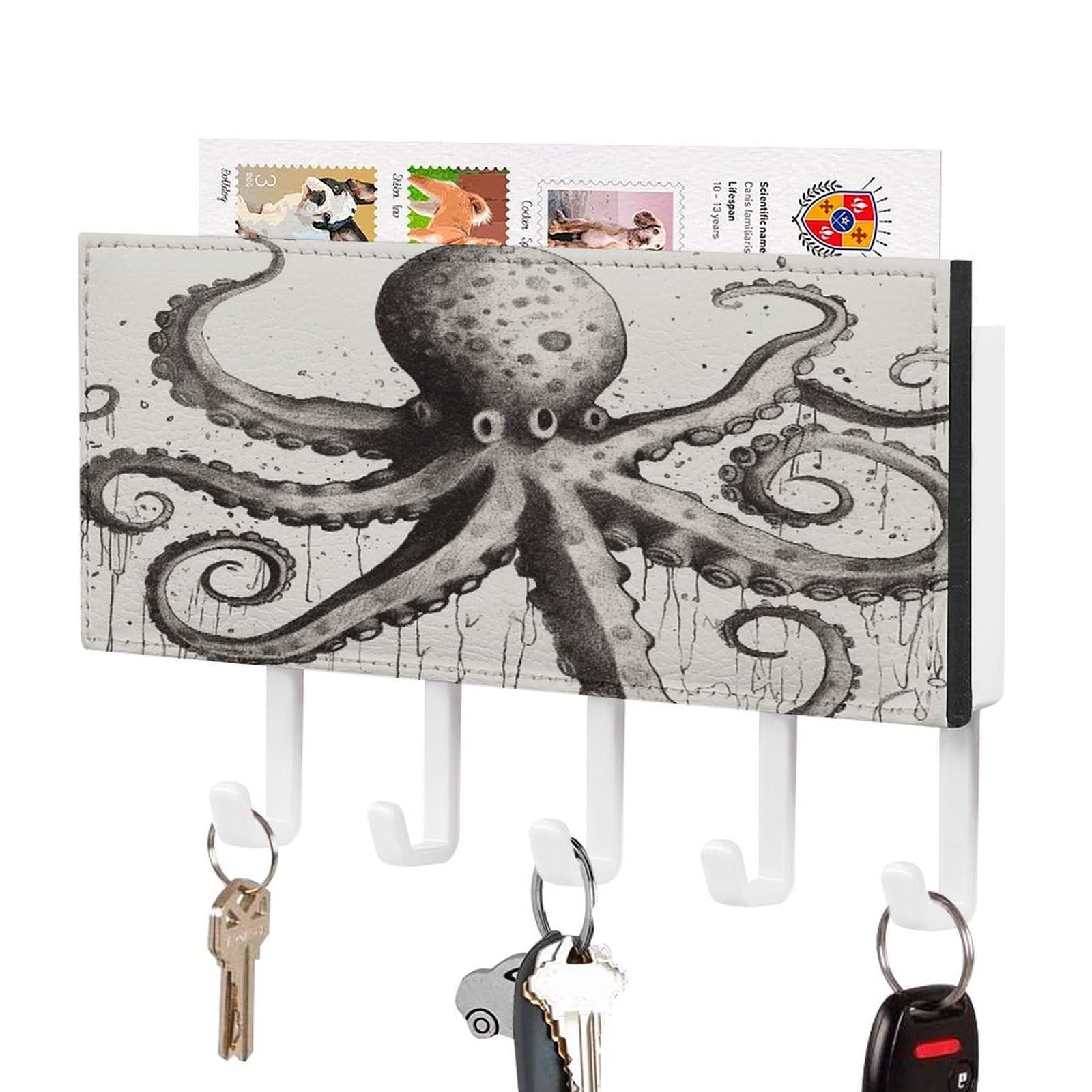 FekiLoot Octopus Key Holder Wall Mount Key Hanger with 5 Hooks Decorative Key Rack Hanging Key Hooks with Mail Organizer Key Holder for Wall Living Room Kitchen Bathroom Hallway White