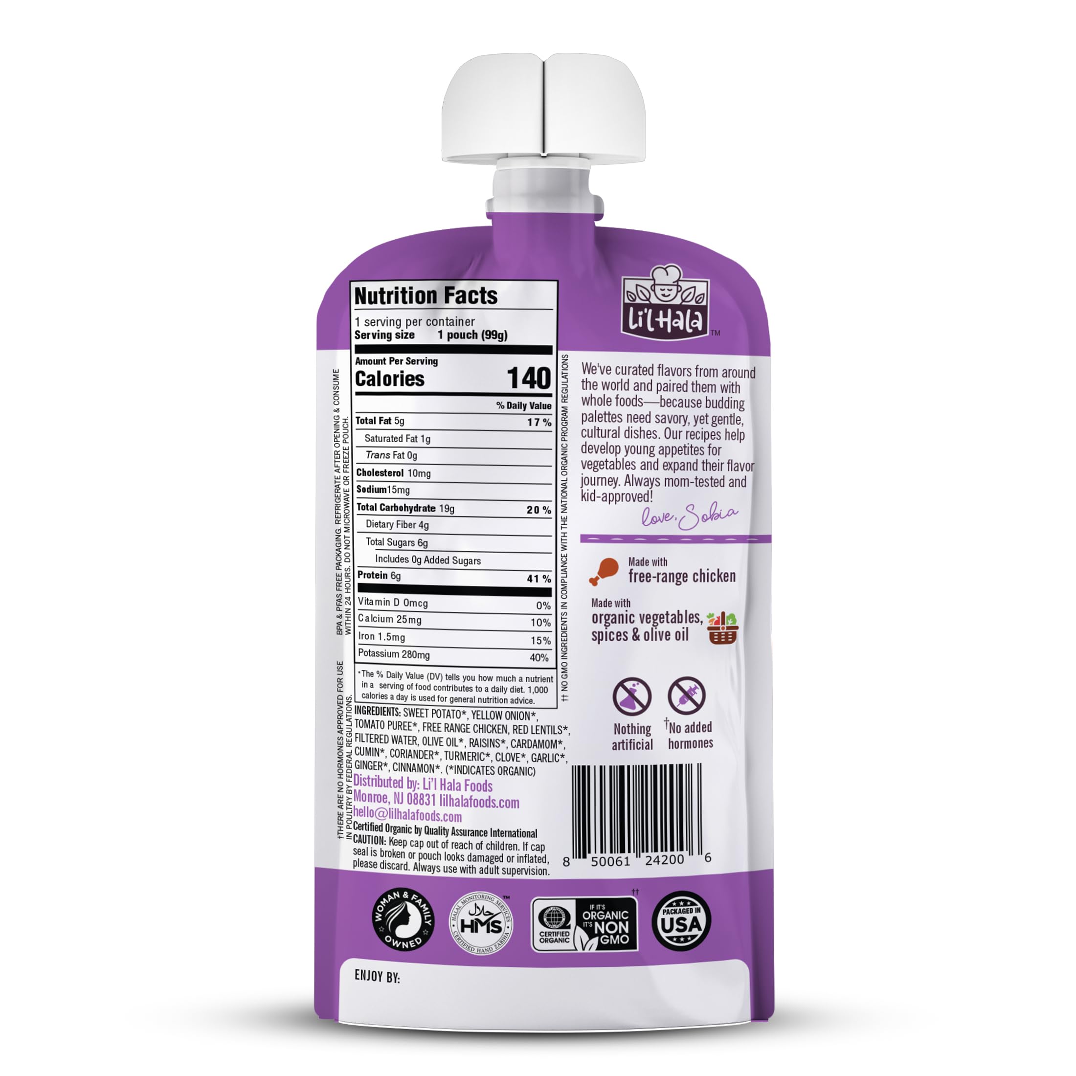 Li’l Hala Indian-Inspired Curry Chicken – Baby or Toddler Food Pouch (6+ Months) – Made with Free-Range Chicken & Organic Vegetables – No Added Hormones– 3.5 oz - Pack of 12 Pouches