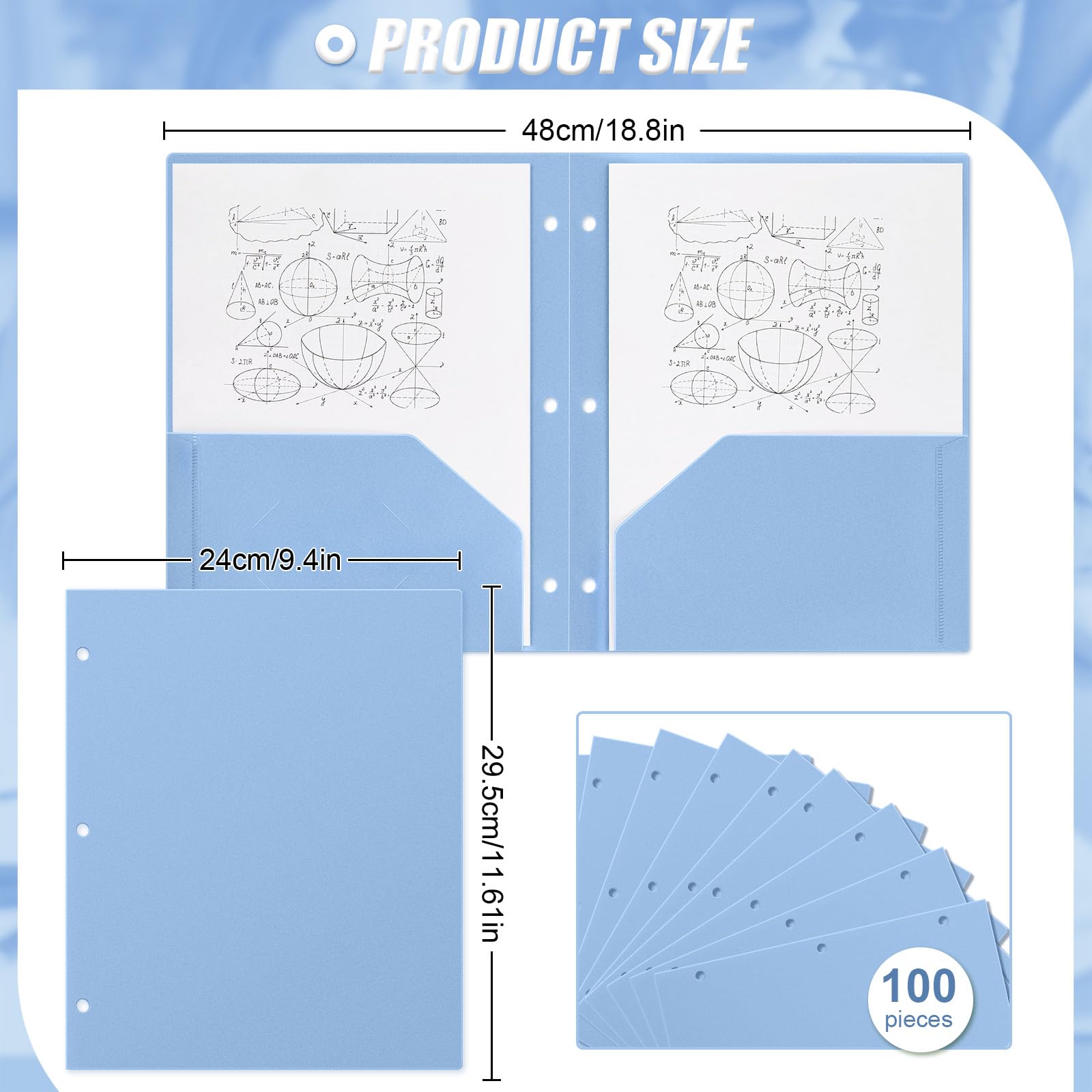 Yeaqee 100 cartelle in plastica con tasche, 3 fori, 2 tasche, per raccoglitori a 3 anelli, divisori per notebook, in poliestere resistente, per ufficio e casa (blu foschia)