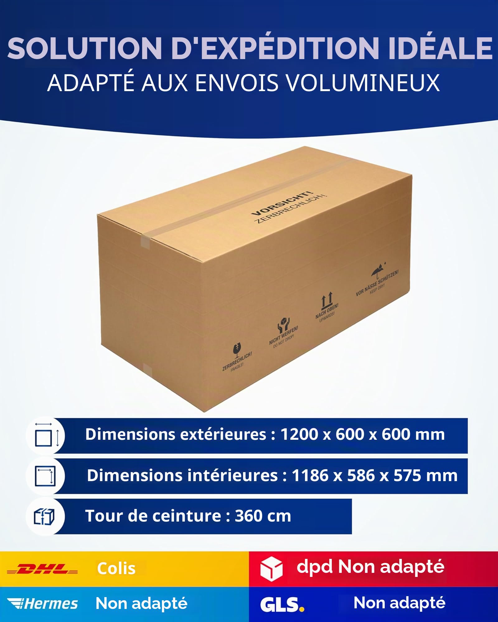 Boîtes pliantes KK Verpackungen, 2 parois | 2 pièces, 1200 x 600 x 600 mm, cartons d'expédition à double paroi rainures en hauteur selon Fefco 0201 | Boîtes à double paroi pour l'expédition de colis