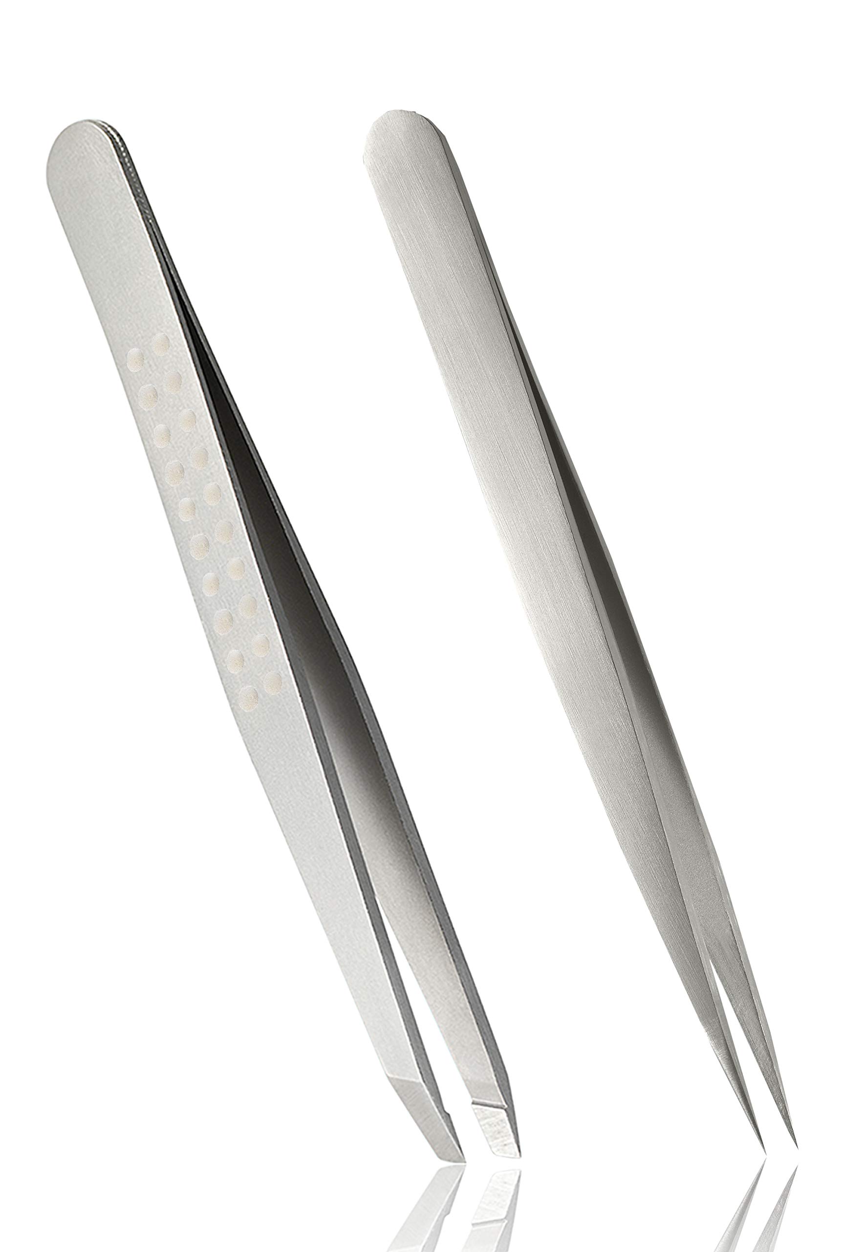 Rubis Pinzetten Set - Augenbrauenpinzette schräg und Splitterpinzette mit spitzer Spitze aus Edelstahl