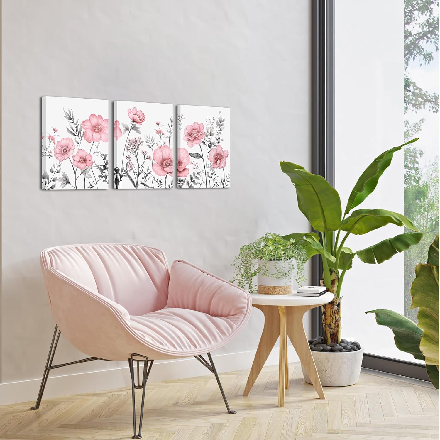 sechars Pink Flower Canvas Wall Art Vintage Floral Painting Pictures Decor Modern Pink and Grey Bedroom Bathroom Decoration (Pink)
