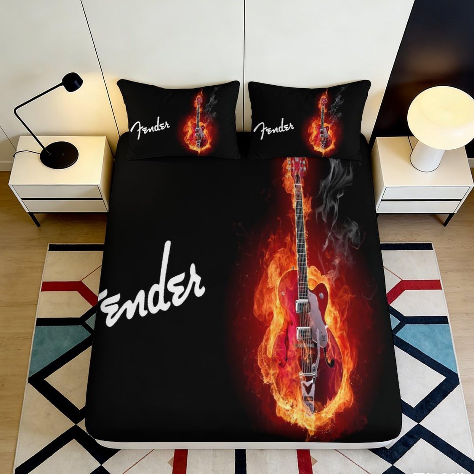 3D Printed Flaming Guitar Fitted Sheet Microfiber Soft Black Music Bed Cover for Bedroom Dorm Mattress Protection Decor 160x200x25cm