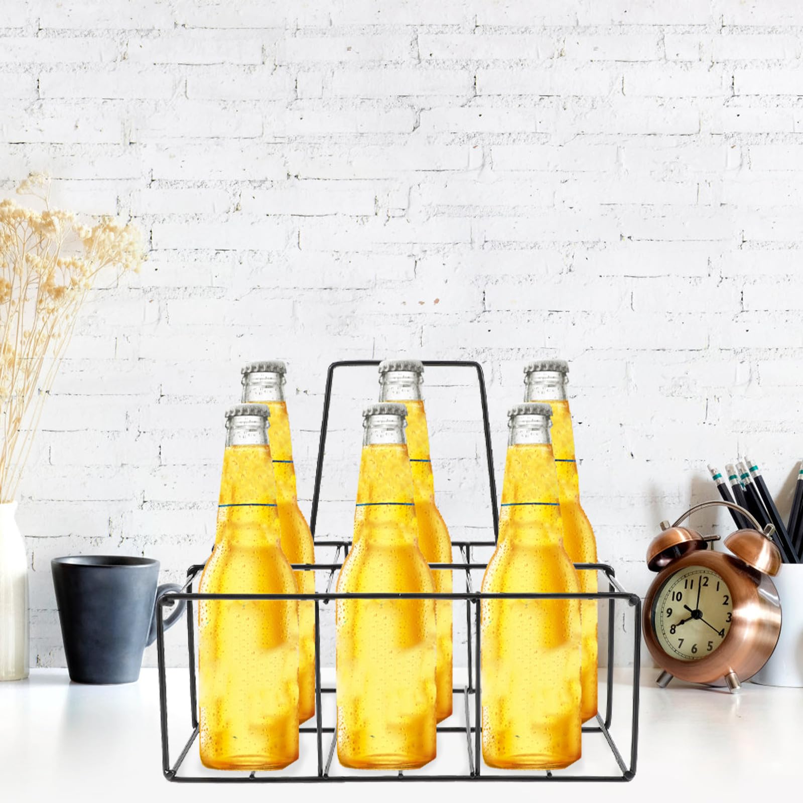 Artibetter Porte-Bouteilles de Bière en Fer Noir à 6 Emplacements, Design Léger et Pratique, Étagère de Rangement Polyvalente pour Bouteilles de Lait et Condiments