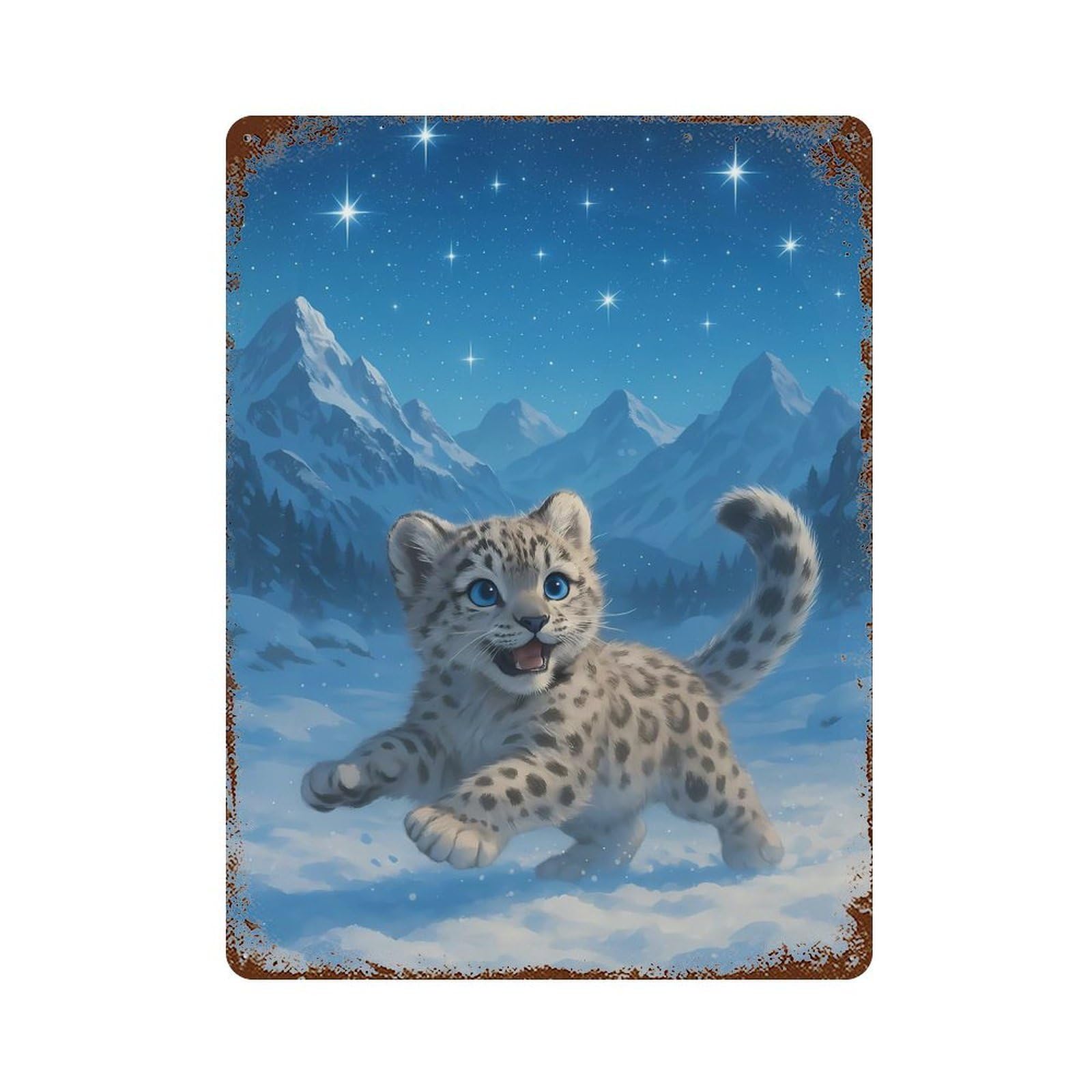 Snow Leopard Cub in Winter Landscape 15.7"x11.8" Rustic Tin Plaque, Industrial Home Decor for Farmhouse, Kitchen And Entryway Decor