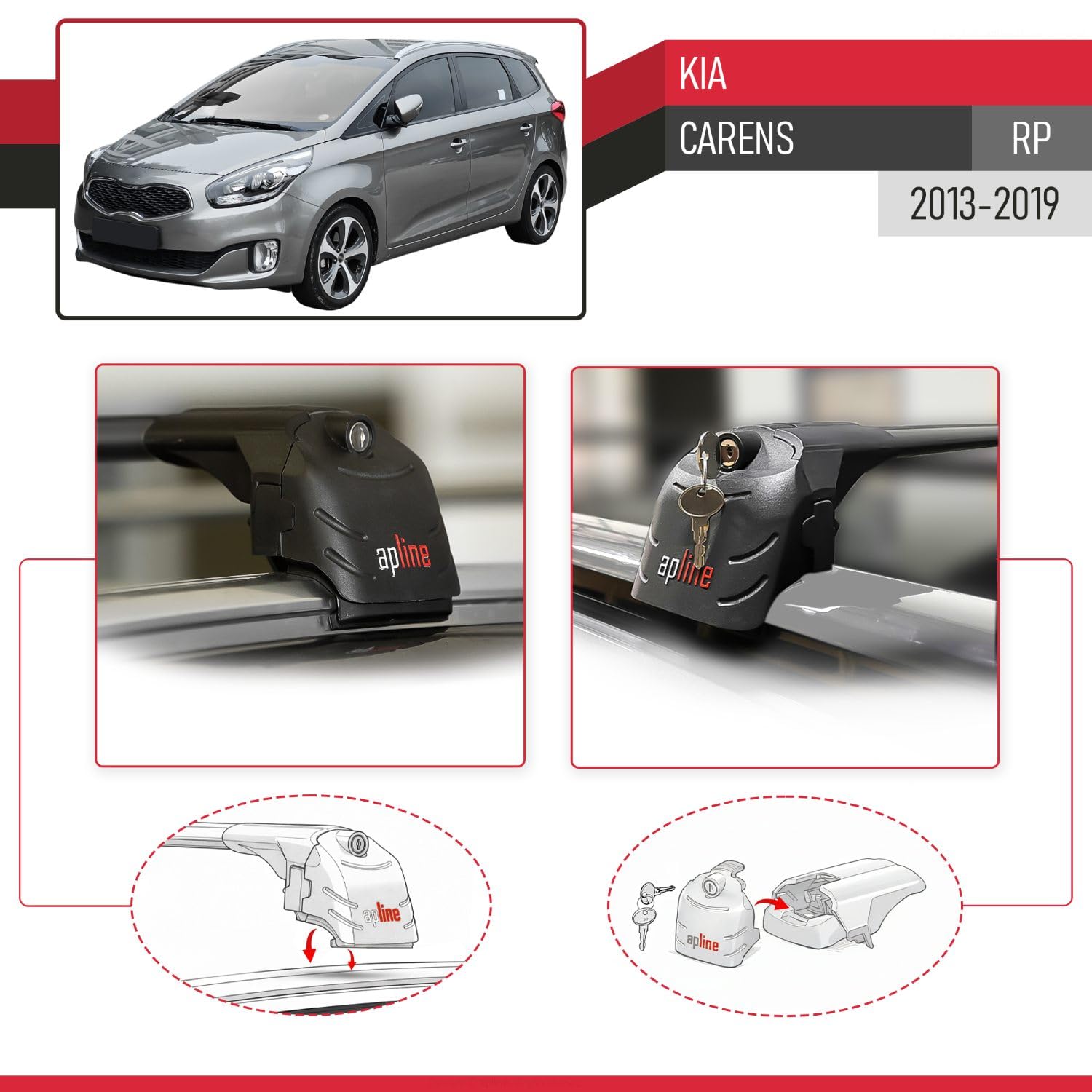 Compatible con Kia Carens (RP) 2013-2019 Modelo Ace-2 Barra de Techo Auto Portaequipajes Barras Transversales Negro Aluminio 2 Barras