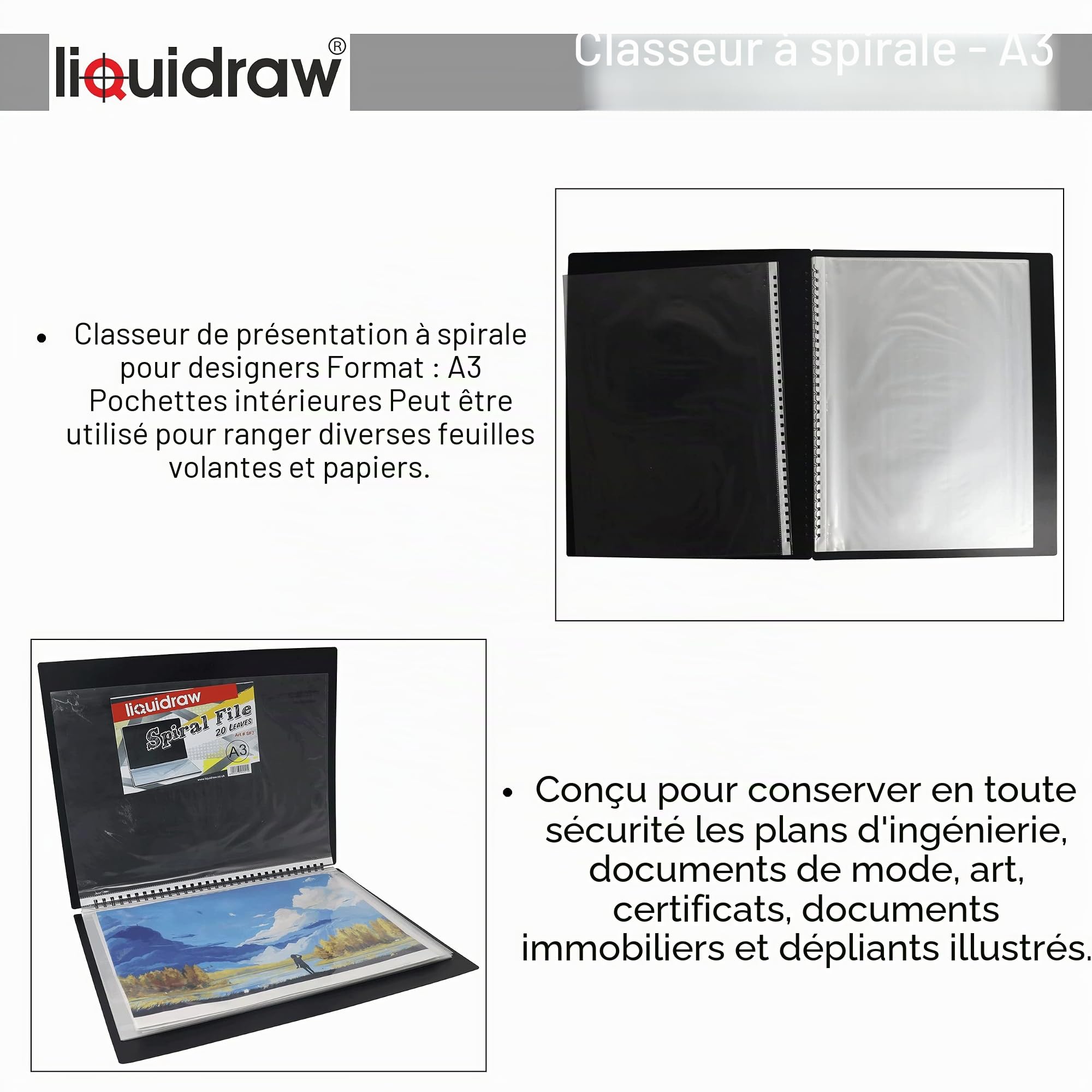 Case Liquidraw A3 Art Portfolio avec 20 Poches Insert Storage pour Artistes, Architectes, Dessin, Peinture, Documents et Fichiers Professionnels