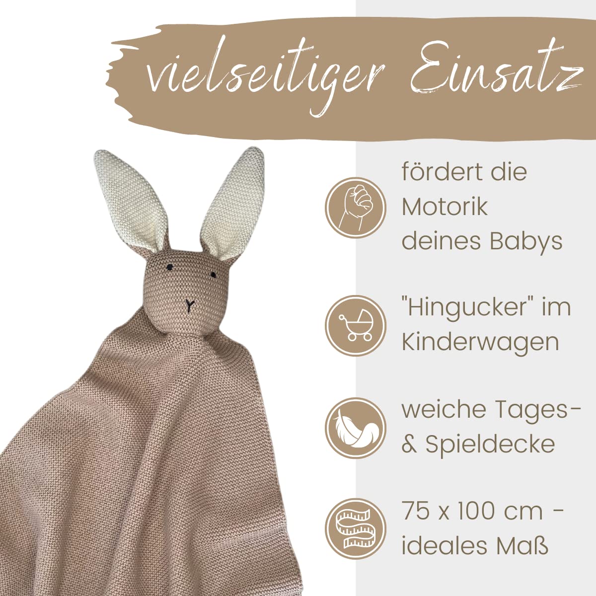DIKOS Original 2-in-1 Babydecke & Kuscheltuch SCHMUSE-Hase – Weiche Kuscheldecke für Baby Mädchen & Jungen aus Bio-Baumwolle (Oeko Tex) – Weiche Baby-Decke als Geschenk zur Geburt – Warmes Taupe
