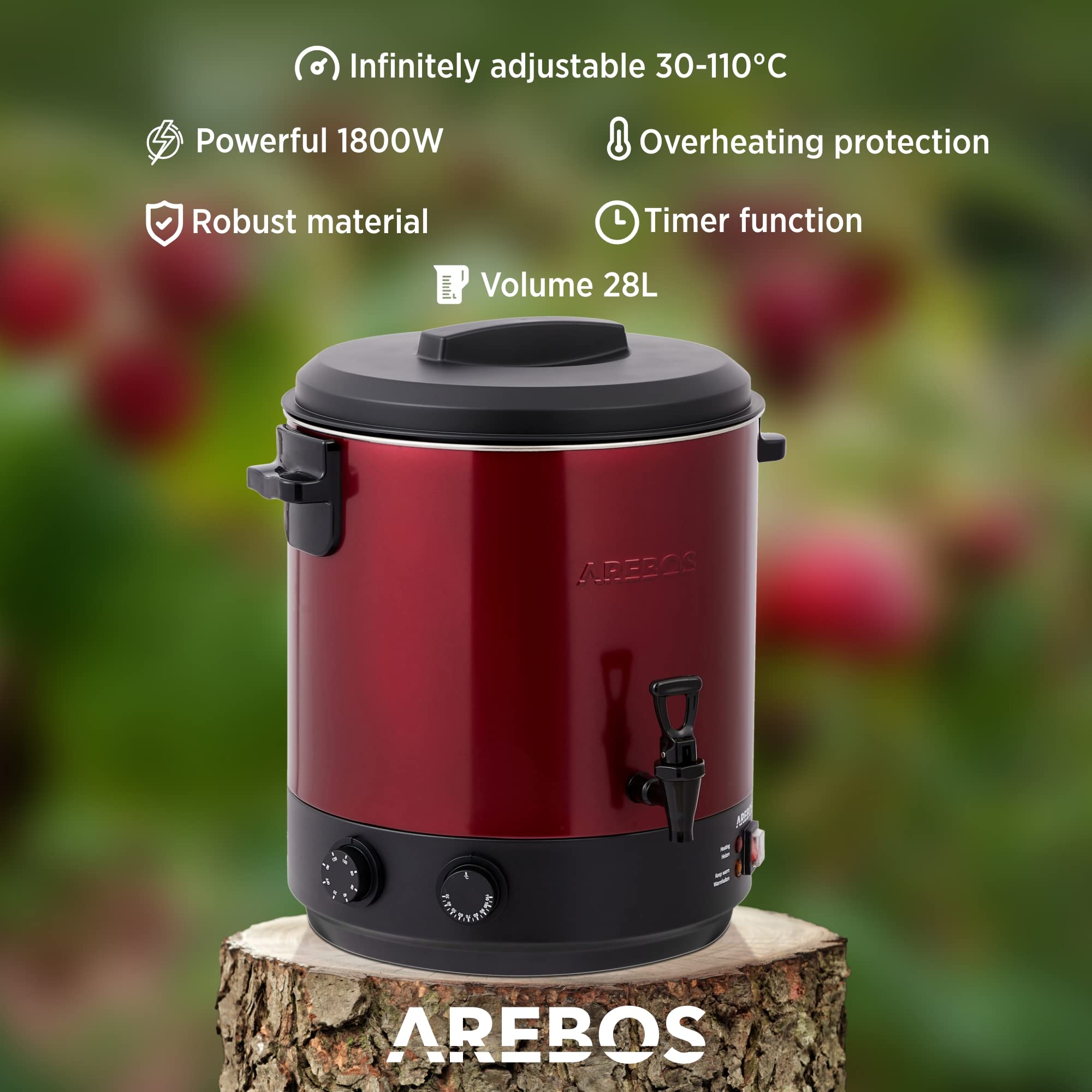 Arebos Cuocitore automatico per conserve 1800 W | Pentola per conserve 28 L | con timer, termostato e protezione da surriscaldamento | regolabile in continuo 30-110°C | Cuocitore per vin brulé | Rosso