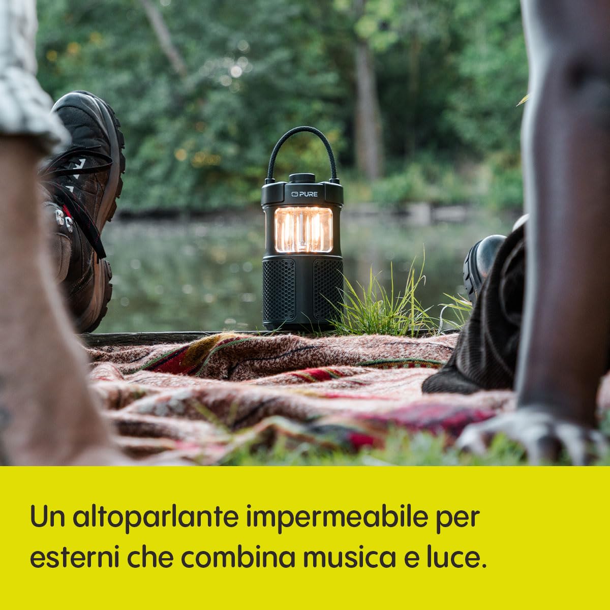Pure Woodland Glow Altoparlante Esterno con Lampada a LED (Bluetooth 5.3, suono a 360°, IPX6, portatile, batteria da 14 ore - perfetto per giardino e campeggio) Verde