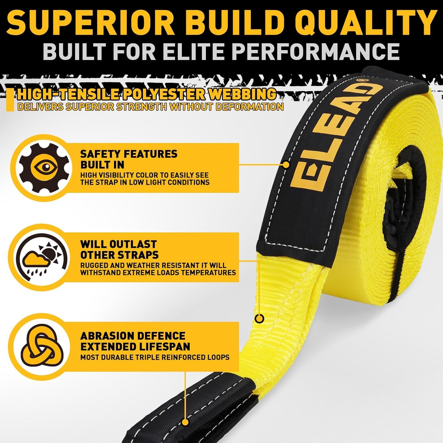 ELEAD Cinghia di traino per recupero, resistente, con ganci, 7,6 cm x 9,6 m, resistenza alla rottura di 16,329 kg, anelli a D 3/4 (2 pezzi), cinghia di recupero di emergenza per camion, SUV
