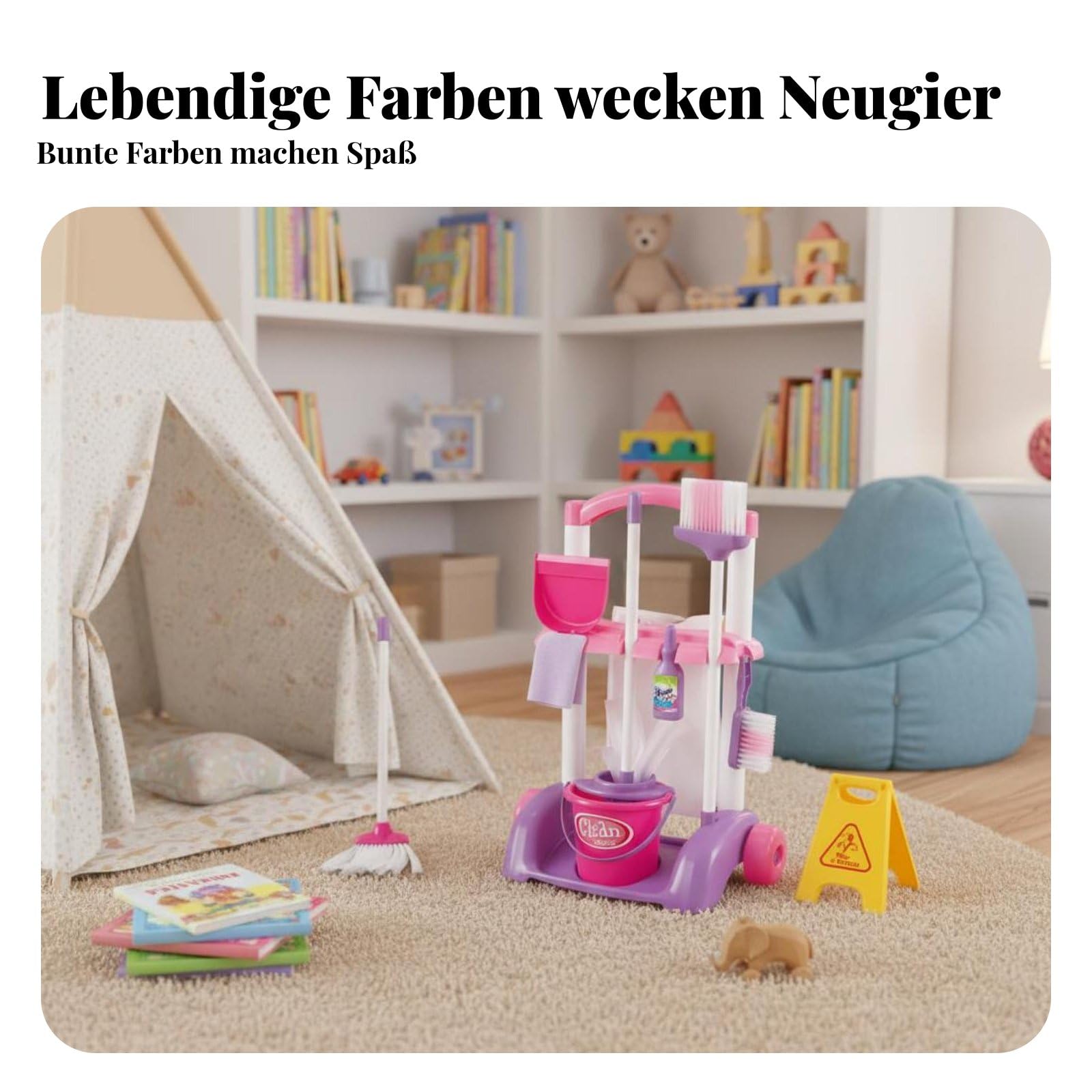 Kinder Reinigungswagen Spielset Kinder Putzwagen Putzspielzeug Haushaltswagen Rollwagen aus mit Wischmopp Kehrschaufel Eimer Fördert Hand Auge , 66735 Pink Set
