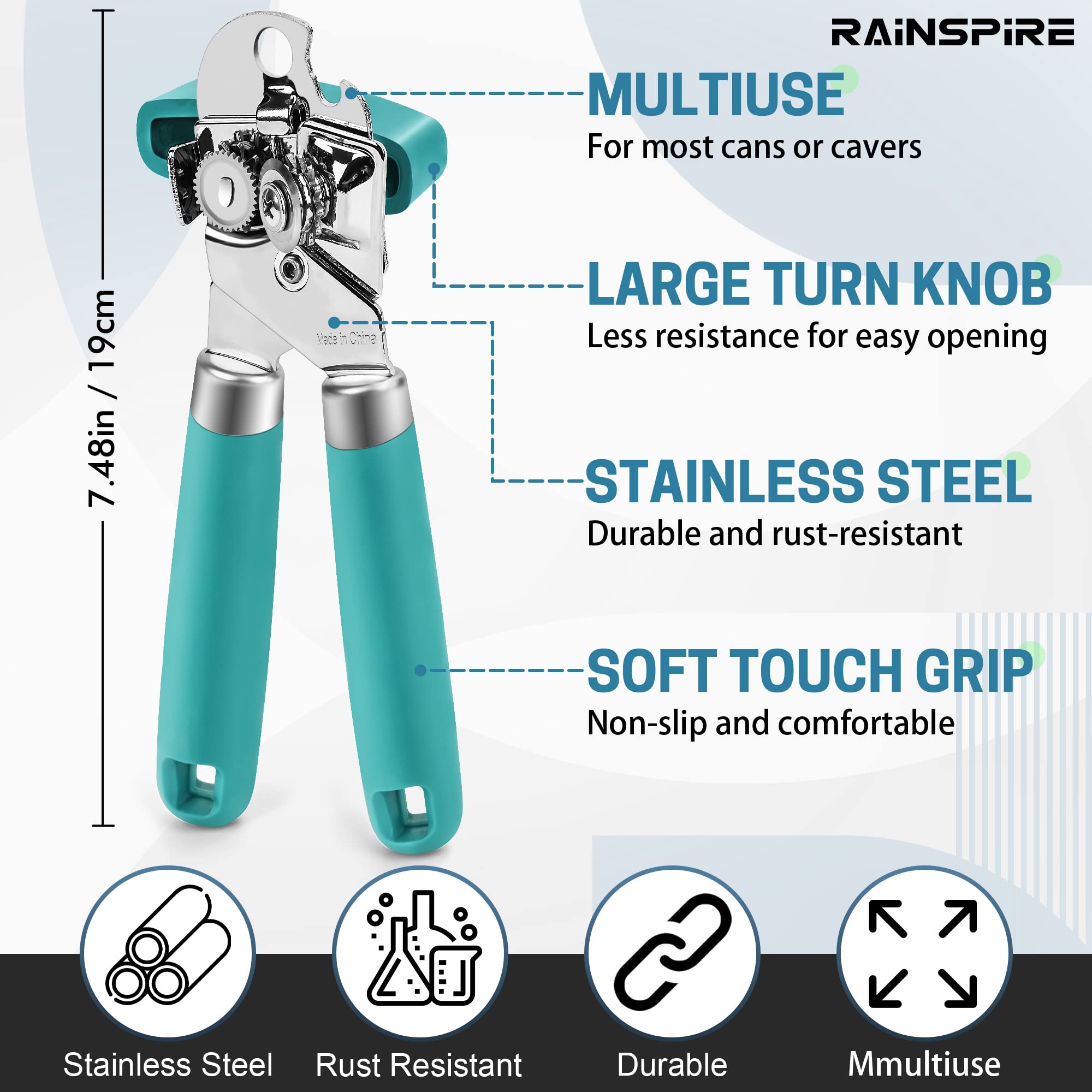 Rainspire Abrelatas manual de mano fuerte abrelatas manual de corte de borde suave, abrelatas resistente, mango suave cómodo, abridor de botellas integrado, turquesa