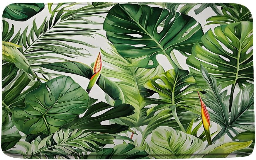 Tropical Green Leaves Bath Mat Bathroom Rug, Palm Leaf Monstera Banana Jungle Watercolor Plant Memory Foam Kitchen Bedroom Livingroom Soft Floor Rug, 24"x59"