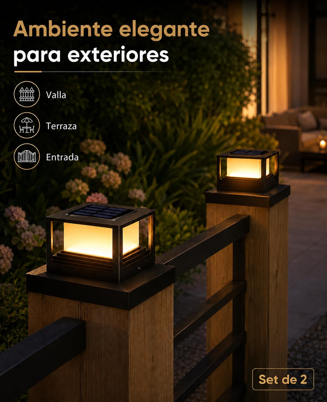Farola Solar Exterior, 2 Piezas Luces Exterior Sobremuro, Luz Solar para Postes de Valla 8x8 9x9 10x10cm, IP65 Impermeable, 2 Modos, para Jardín Valla Terraza Postes de Madera