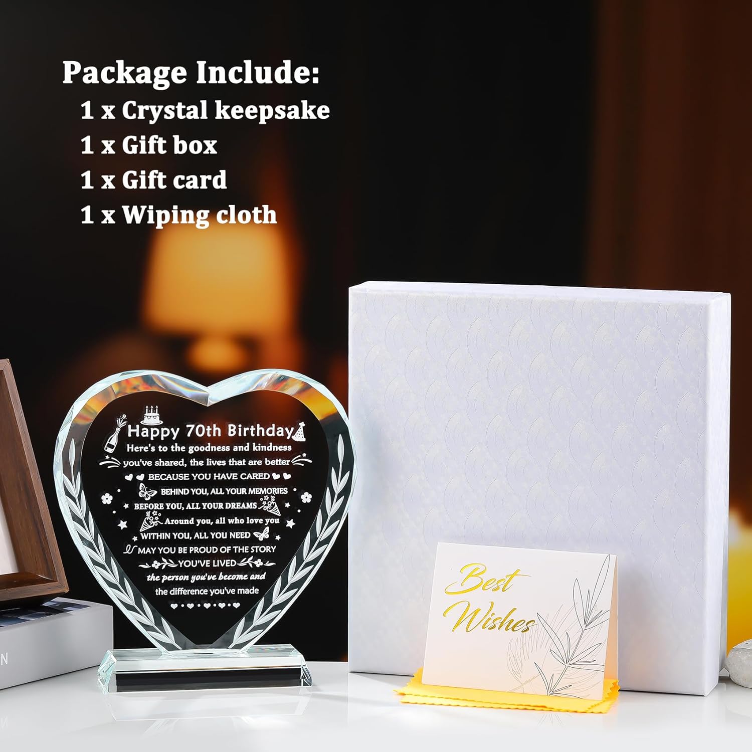 YWHL 70th Birthday Gifts for Women Men, Laser Engraving Crystal Heart Happy 70th Birthday Plaque Decorations, Gifts for 70 Year Old Women Men Mom Dad Grandma Wife Friends - Image 6