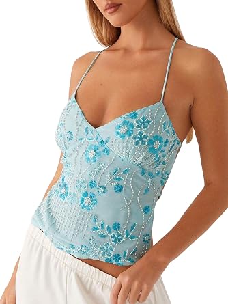 Women Sequin Cami Top V Neck Sparkle Beaded Backless Criss Cross Straps Crop Tops Summer Going Out Club Sexy