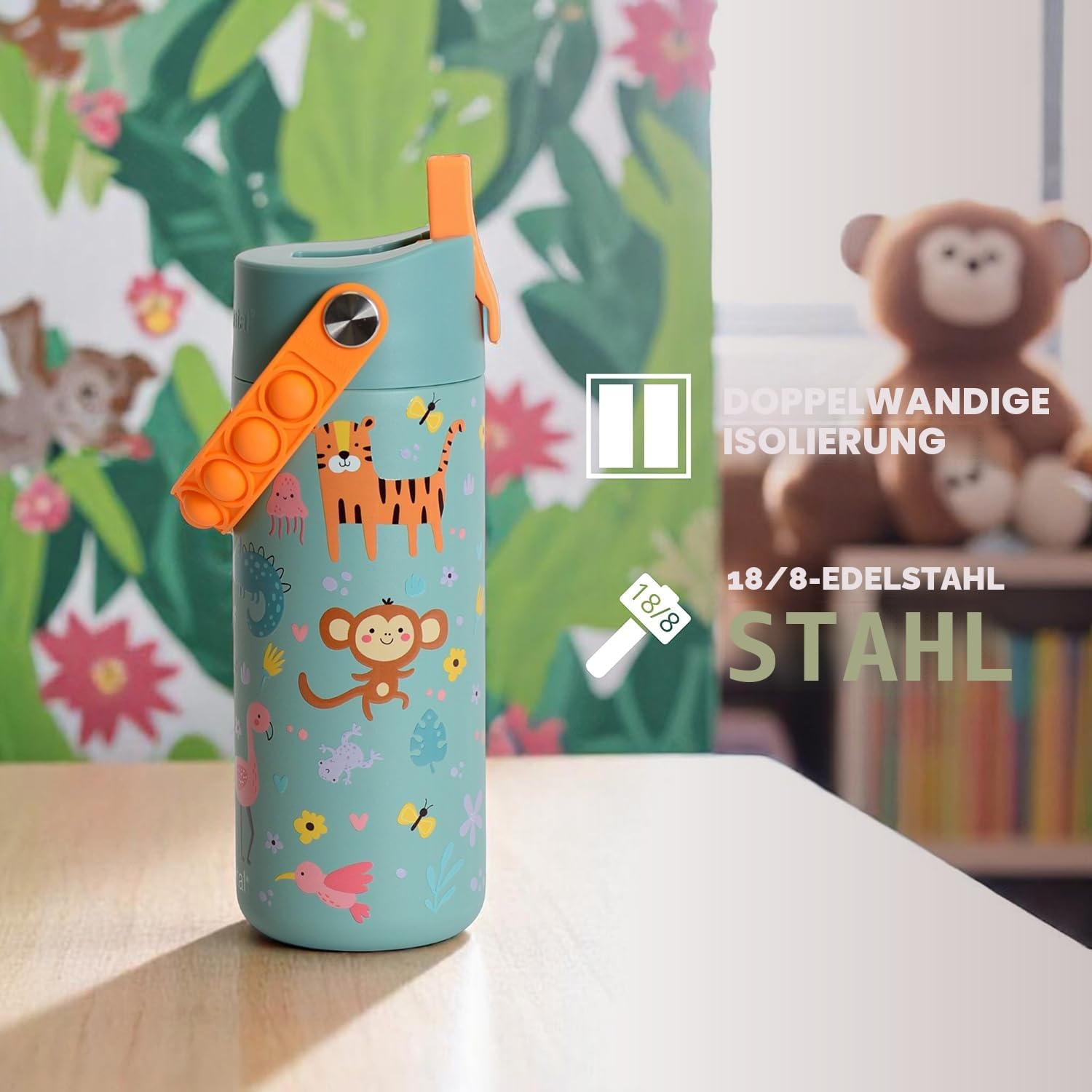 Elemental Isolierte Kinder Wasserflasche - Edelstahl Wasserflasche mit Strohhalm Deckel und Pop-it-Griff, auslaufsichere Wasserflaschen für Schule, Reisen und Sport - 530 ml - Safari