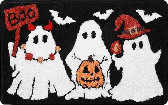 Ghost Bath Mat 16x24 Inch, Soft and Absorbent Tufted Halloween Bathroom Rug Non Slip Washable, Halloween Bathroom Boo Decor Rug Holiday Decorations