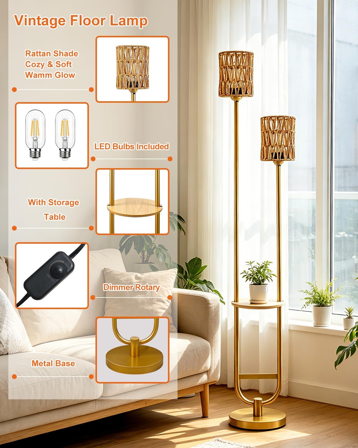Lightdot 63IN Gold Floor Lamp with Table& Rattan Shades Mid Century Standing Lamps with Warm White Bulbs Included, Unique Vintage Tall Floor Lamp for Living Room/Wedding/Party/Sofa Beside/Corner Decor