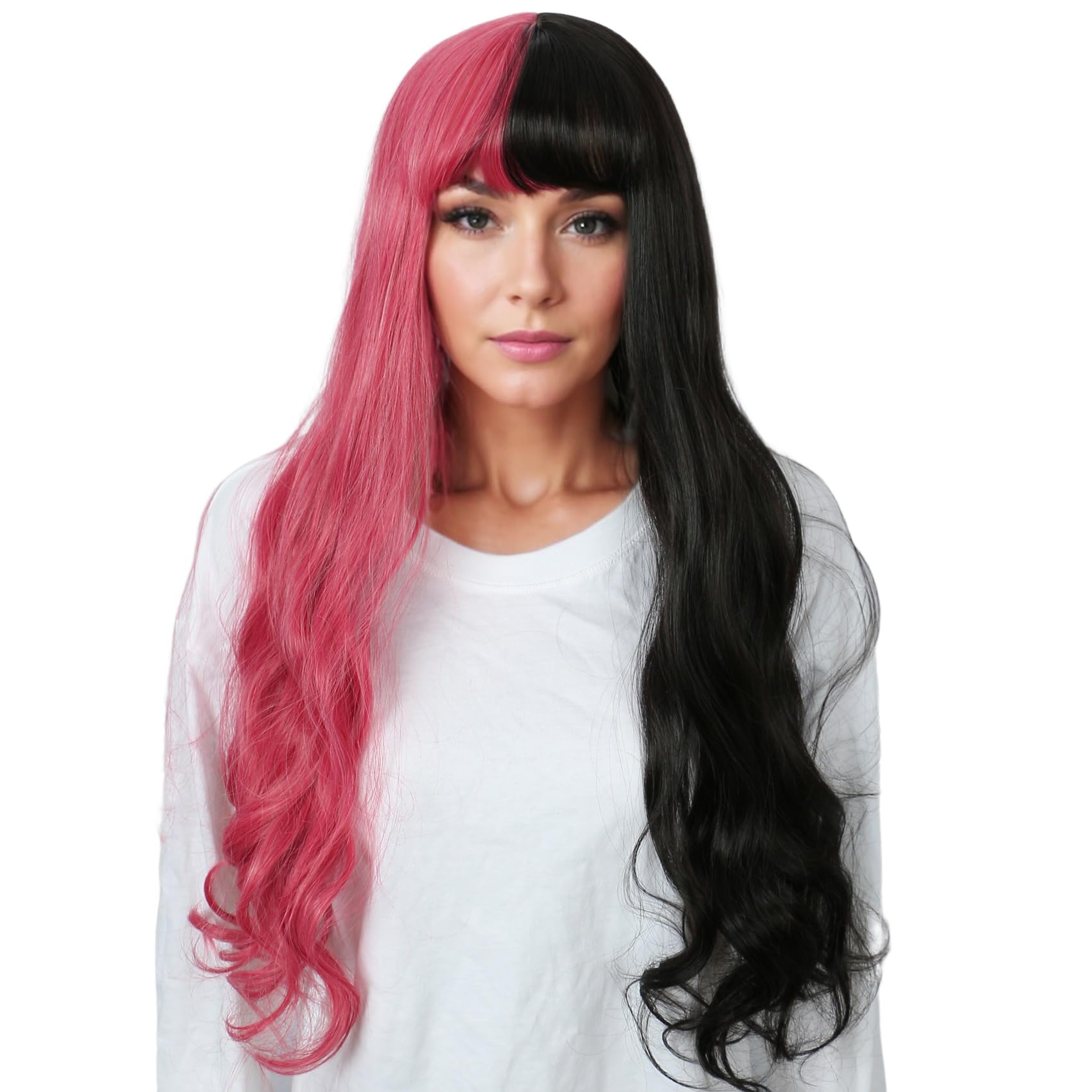 Linfairy Long Pink and Black Cosplay Wig Halloween Costume Wigs For Women