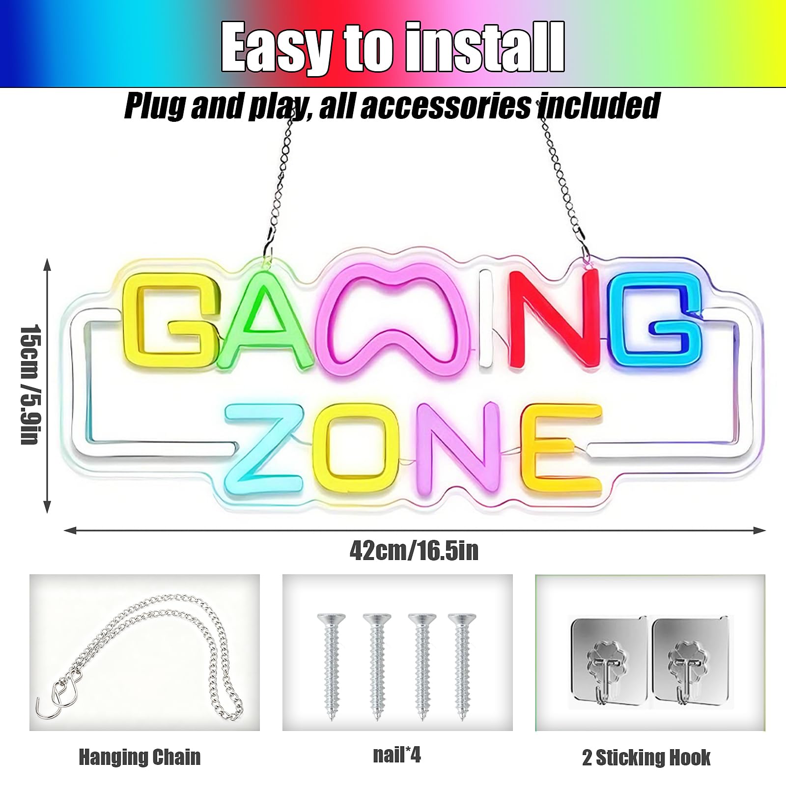 Gaming Zone Scritte Neon, Insegna Luminosa LED al Neon da Parete con USB Alimentazione, Scritta LED Dimmerabile per Sale Giochi, Grotta Dell'uomo, Regali per Giocatori Adolescenti e Adulti