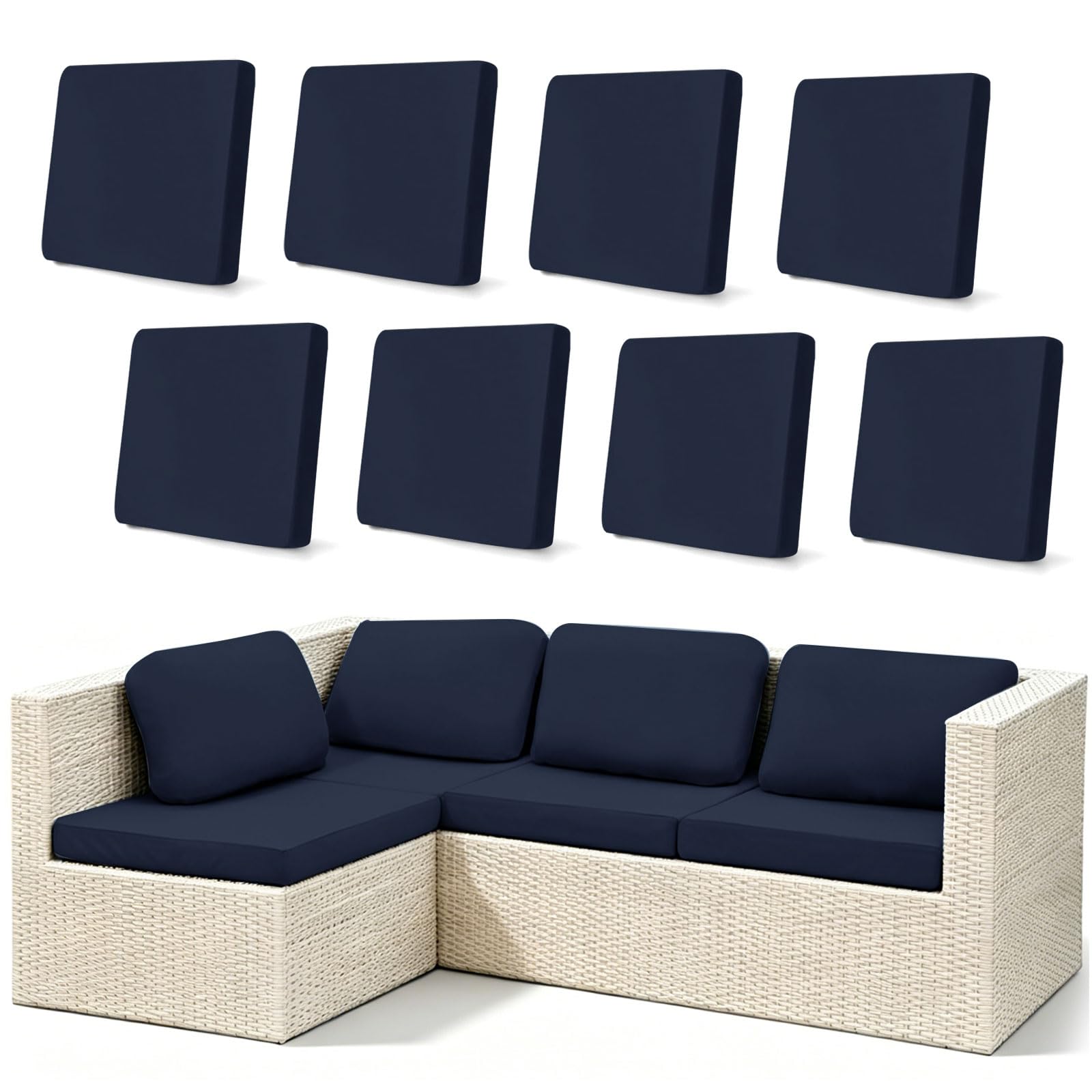 MeYuxg Set di 8 federe per cuscini da patio, per esterni, elasticizzate, rimovibili, per divano a forma di L, sedie da terrazza, mobili da giardino (blu scuro)
