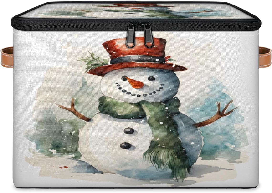 Storage Bin Set of 2 Winter Snowman Storage Basket with Zipper Lid & Handle Foldable Closet Shelf 2 Pack Cloth Organizer Basket Cube Bins Clothes Organizer for Bedroom, Nursery