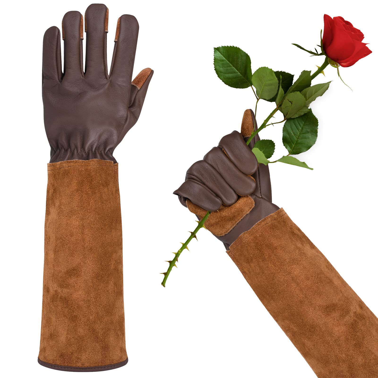 Lange Gartenhandschuhe für Damen, dornsicher, rosenbeschneidend, Rindsleder, Gartenhandschuh für Kakteen, Rosen und Brombeere (Größe M, Dunkelbraun)
