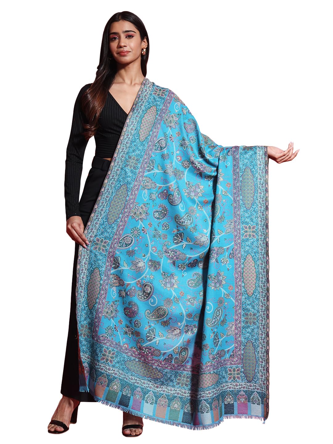 zamour Women's Kani Luxury Shawl Paisley Exquisite Zari Pattern, Soft Wool Material, Winter Woolen Pashmina Feel Wrap-picture-22