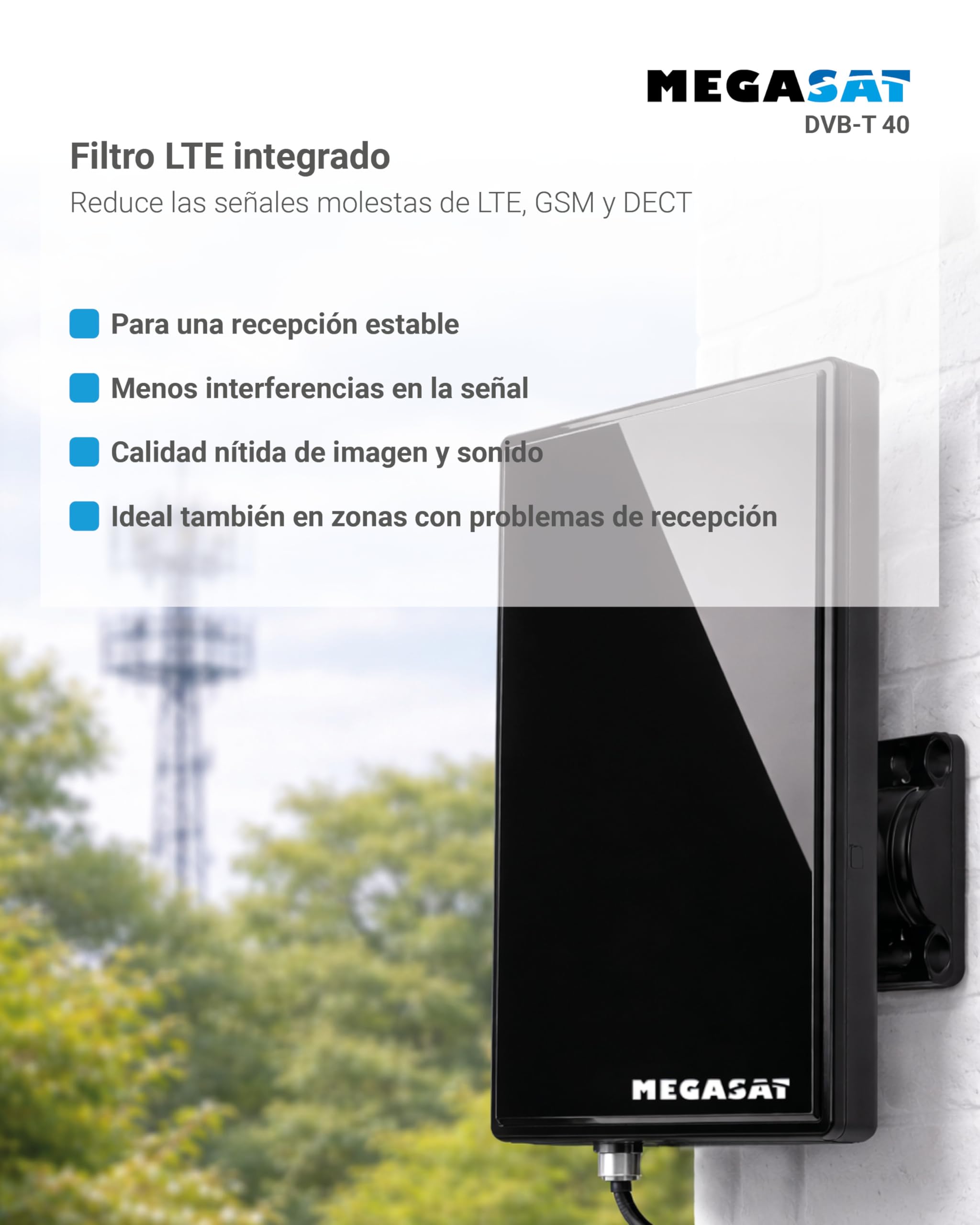 Megasat DVB-T 40 – Antena, Interior y Exterior, TV y Radio – Negro | TDT, FM, DAB/DAB+, carcasa impermeable, filtro LTE, amplificación de 28 dB