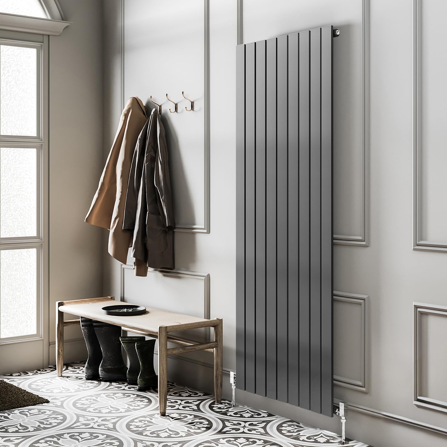 Go Bathrooms Pinta 1600 x 610mm Vertical Radiator Anthracite Flat Panel Single Column Tall Upright Radiator Anthracite Grey Wall Mounted Central Heating — image 1