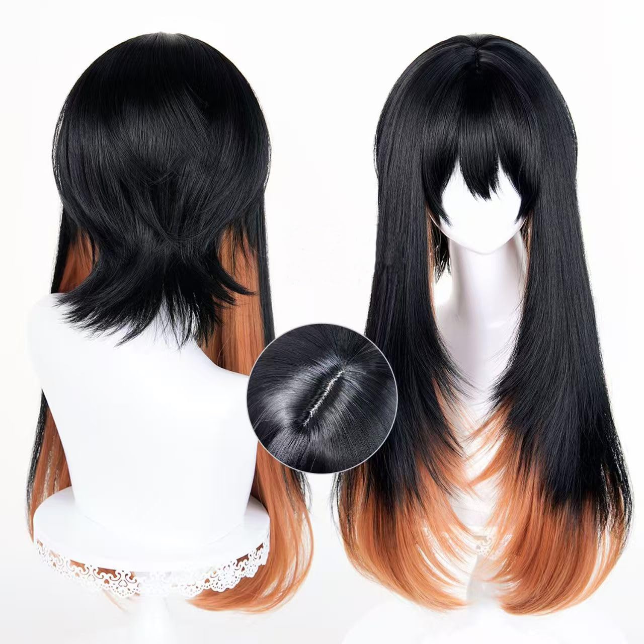 Cosplay Wig with Loose Bangs And Long Messy Black Hair with Orange Tips Reaching Her Shoulders Costume Accessory Adult Unisex Party Halloween Christmas