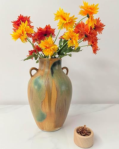 Miniatura 4 de Cerámica de terracota  Jarrón decorativo único de granja de 10 pulgadas con asa, jarrón verde esmaltado amarillo tierra bohemio neutro decoración