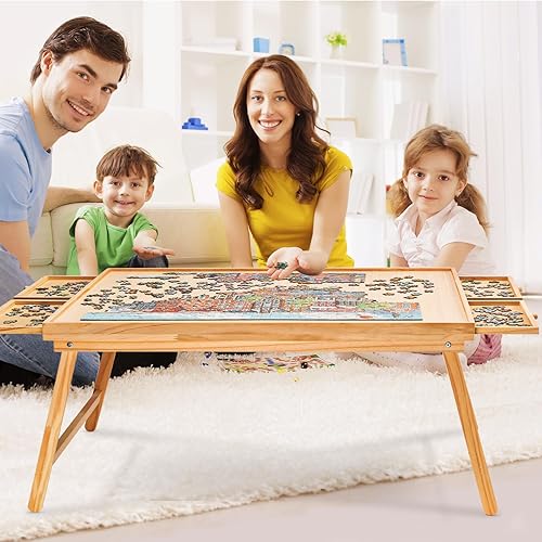 Miniatura 5 de Mesa de rompecabezas portátil plegable de 1500 piezas con 4 cajones, tablero de rompecabezas de madera de 34 x 26 pulgadas con patas y cubierta